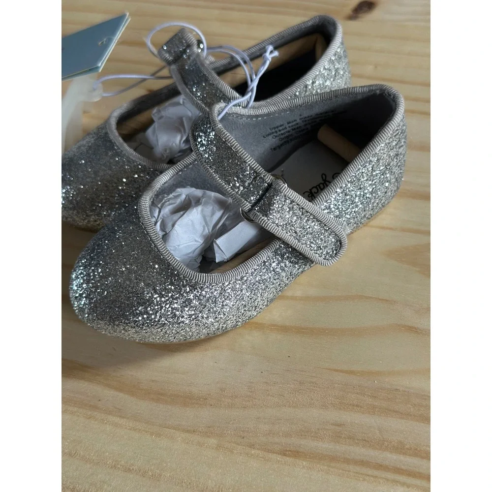 Cat & Jack Toddler Girls Silver Glitter Mary Jane Flats Memory Foam Size 5 NWT